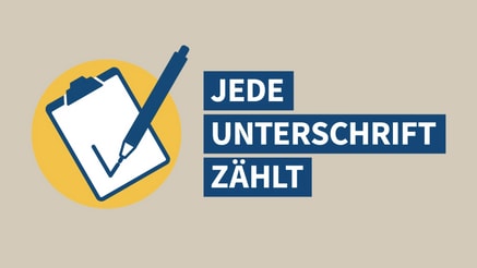 Symbol eines Klemmbretts mit einem Stift vor gelbem Kreis und Text 'JEDE UNTERSCHRIFT ZÄHLT' in blauen Rechtecken // Pictogramme d'un clipboard avec un stylo sur fond jaune à gauche et texte en blanc sur fond bleu disant 'CHAQUE SIGNATURE COMPTE' à
