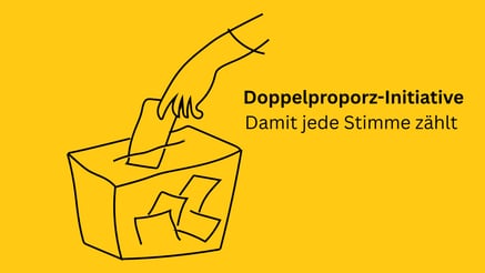A hand places a ballot into a box. Text reads: "Doppelproporz-Initiative Damit jede Stimme zählt" on a yellow background.