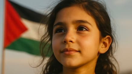 Young girl in front of a Palestinian flag, gazing into the distance in warm evening light.